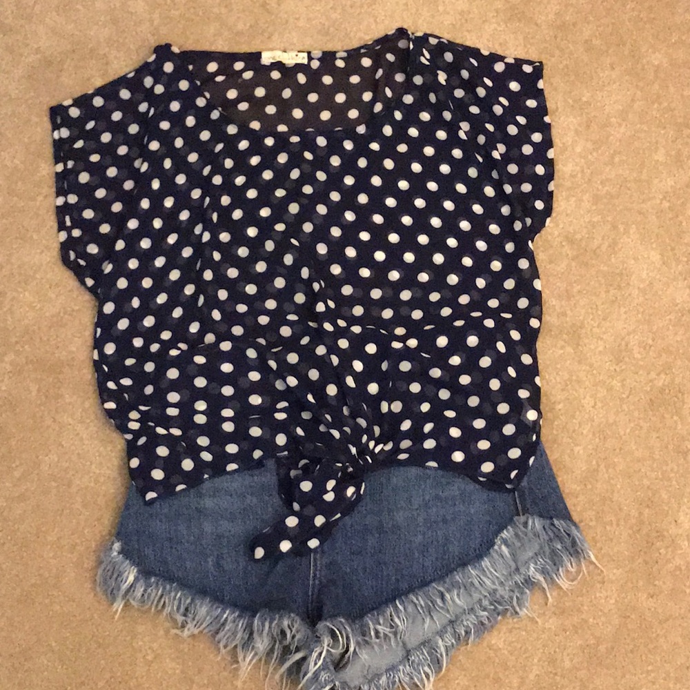 Polka dot sheer front tie top